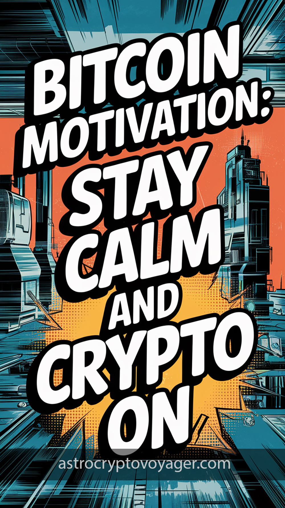 Comic book style, black and white with orange accents: Text on the image: "Bitcoin Motivation Stay Calm and Crypto On"